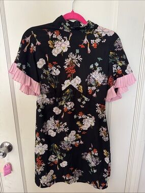 Nasty Gal Black Floral Mini Dress with Pink Ruffle Sleeves